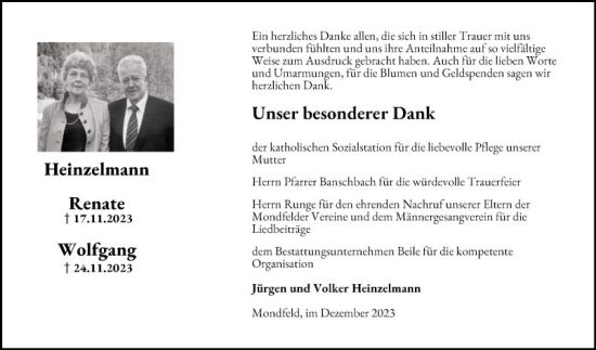 Traueranzeige von Wolfgang Heinzelmann von Fränkische Nachrichten