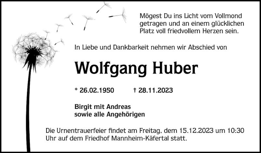  Traueranzeige für Wolfgang Huber vom 09.12.2023 aus Mannheimer Morgen