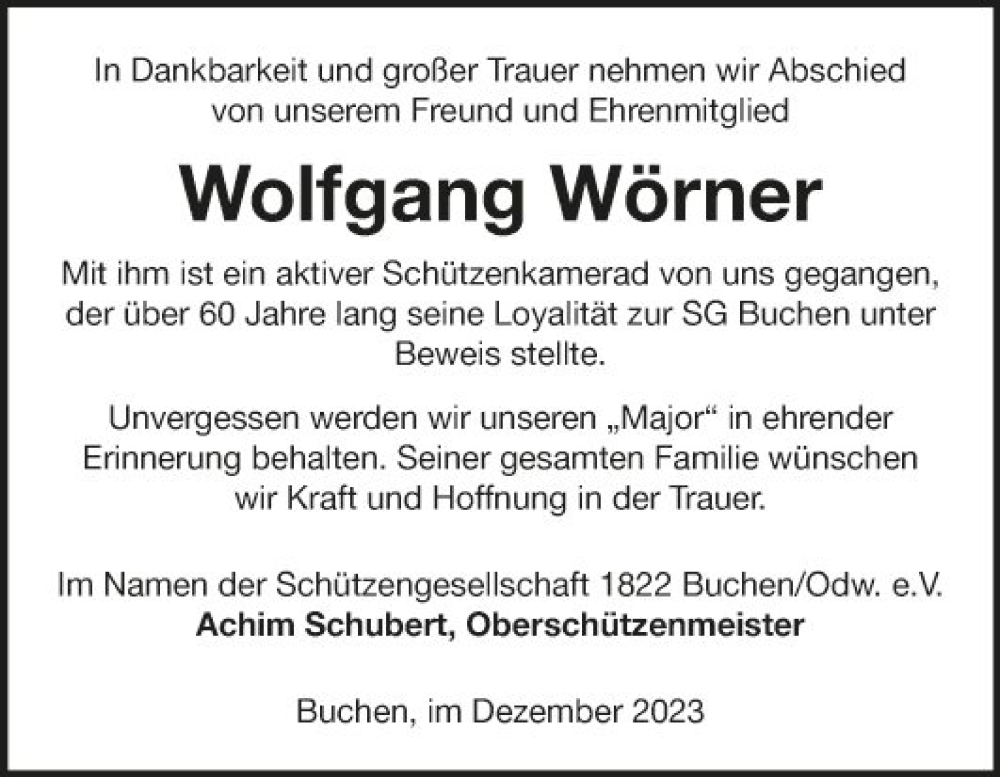  Traueranzeige für Wolfgang Wörner vom 09.12.2023 aus Fränkische Nachrichten