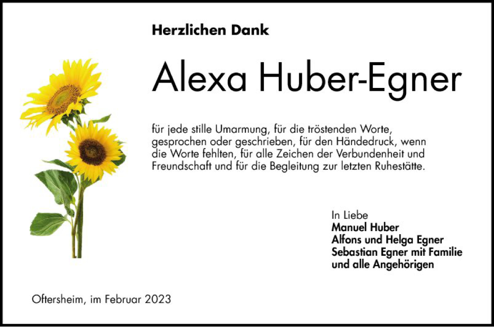  Traueranzeige für Alexa Huber-Egner vom 18.02.2023 aus Schwetzinger Zeitung