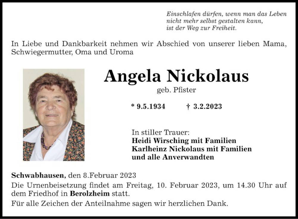  Traueranzeige für Angela Nickolaus vom 08.02.2023 aus Fränkische Nachrichten