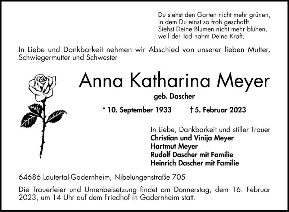  Traueranzeige für Anna Katharina Meyer vom 11.02.2023 aus Bergsträßer Anzeiger