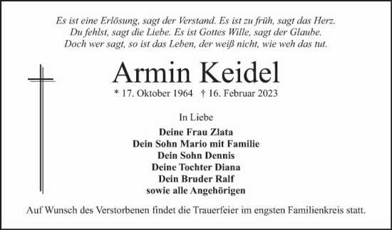 Traueranzeige von Armin Keidel von Mannheimer Morgen