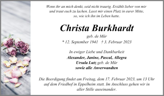 Traueranzeige von Christa Burkhardt von Schwetzinger Zeitung