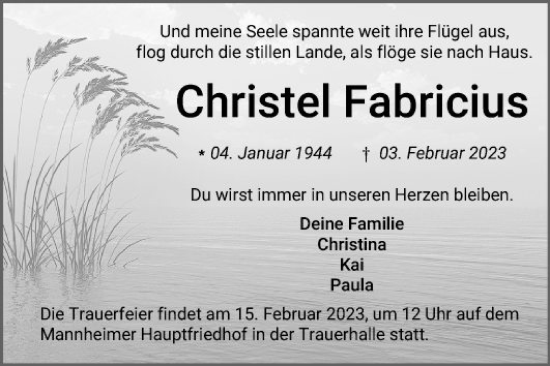 Traueranzeige von Christel Fabricius von Mannheimer Morgen