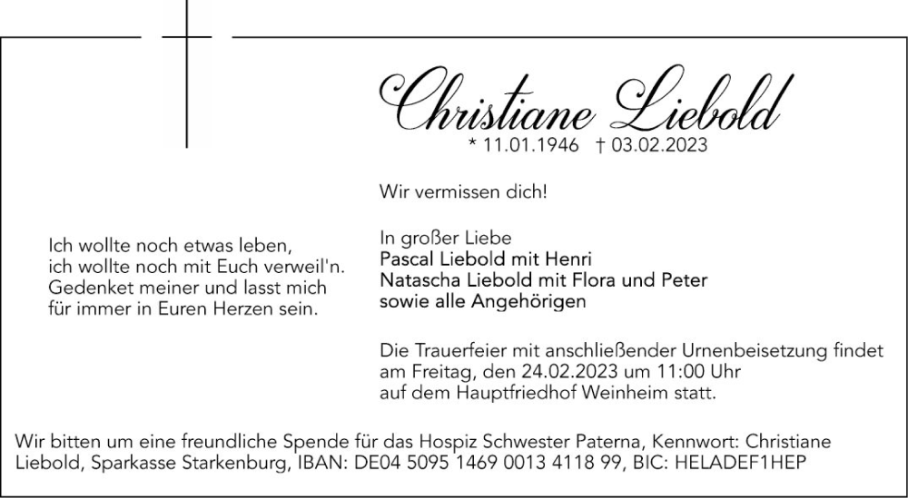  Traueranzeige für Christiane Liebold vom 18.02.2023 aus Mannheimer Morgen