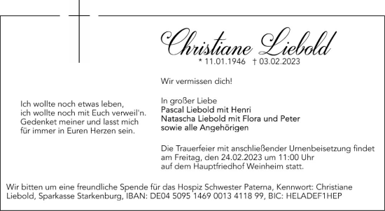 Traueranzeige von Christiane Liebold von Mannheimer Morgen