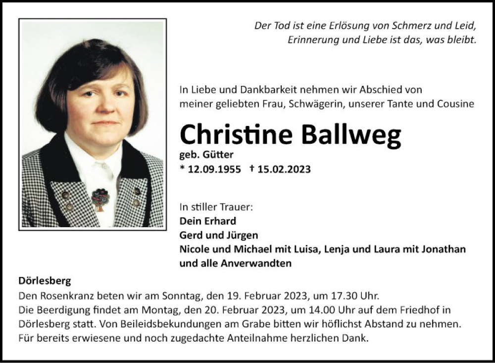  Traueranzeige für Christine Ballweg vom 18.02.2023 aus Fränkische Nachrichten