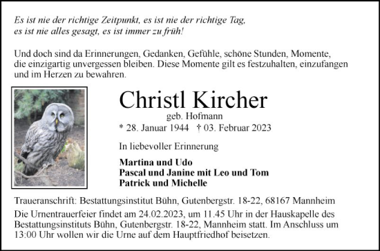 Traueranzeige von Christl Kircher von Mannheimer Morgen
