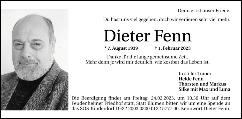  Traueranzeige für Dieter Fenn vom 18.02.2023 aus Mannheimer Morgen