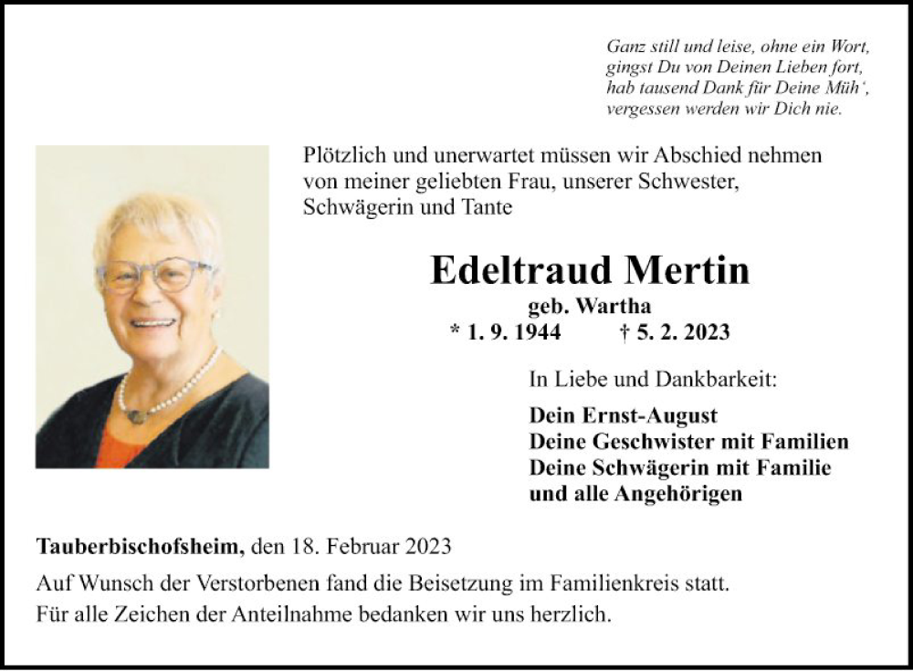  Traueranzeige für Edeltraud Mertin vom 18.02.2023 aus Fränkische Nachrichten