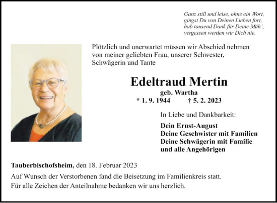 Traueranzeige von Edeltraud Mertin von Fränkische Nachrichten