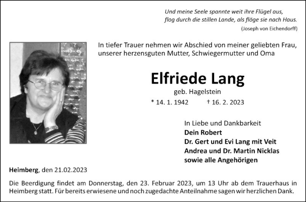  Traueranzeige für Elfriede Lang vom 21.02.2023 aus Fränkische Nachrichten