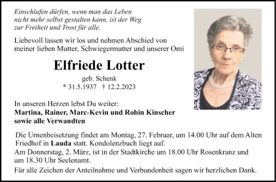 Traueranzeige von Elfriede Lotter von Fränkische Nachrichten