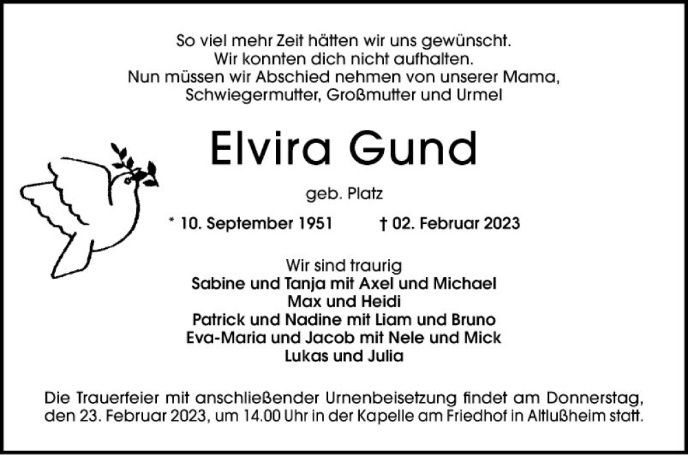  Traueranzeige für Elvira Gund vom 11.02.2023 aus Schwetzinger Zeitung