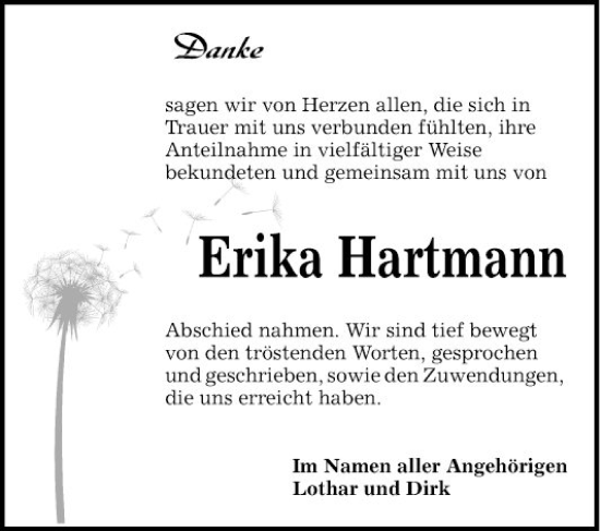 Traueranzeige von Erika Hartmann von Schwetzinger Zeitung