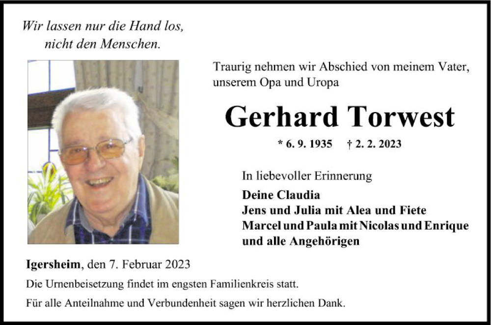  Traueranzeige für Gerhard Torwest vom 07.02.2023 aus Fränkische Nachrichten