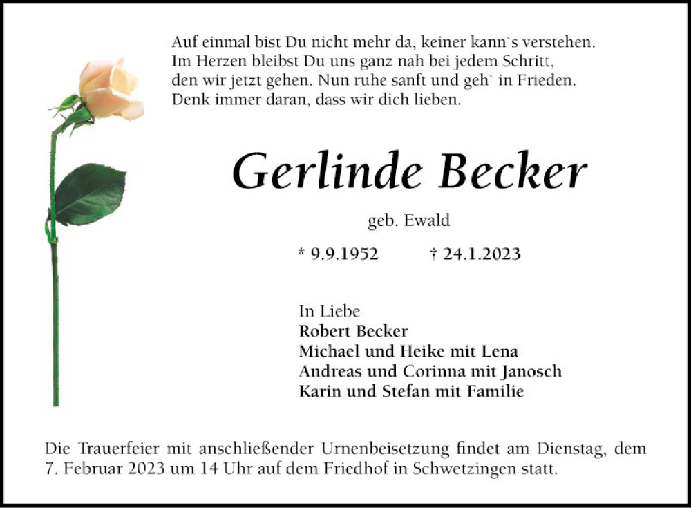  Traueranzeige für Gerlinde Becker vom 02.02.2023 aus Schwetzinger Zeitung