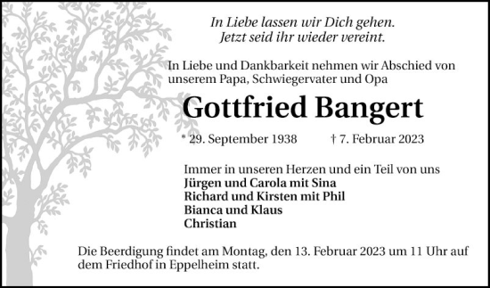 Traueranzeige von Gottfried Bangert von Schwetzinger Zeitung