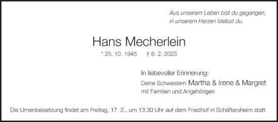 Traueranzeige von Hans Mecherlein von Fränkische Nachrichten