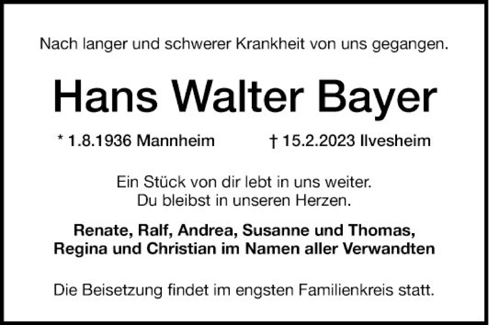  Traueranzeige für Hans Walter Bayer vom 25.02.2023 aus Mannheimer Morgen