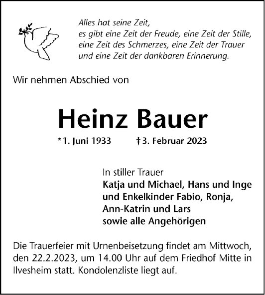  Traueranzeige für Heinz Bauer vom 11.02.2023 aus Mannheimer Morgen