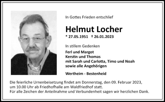 Traueranzeige von Helmut Locher von Fränkische Nachrichten