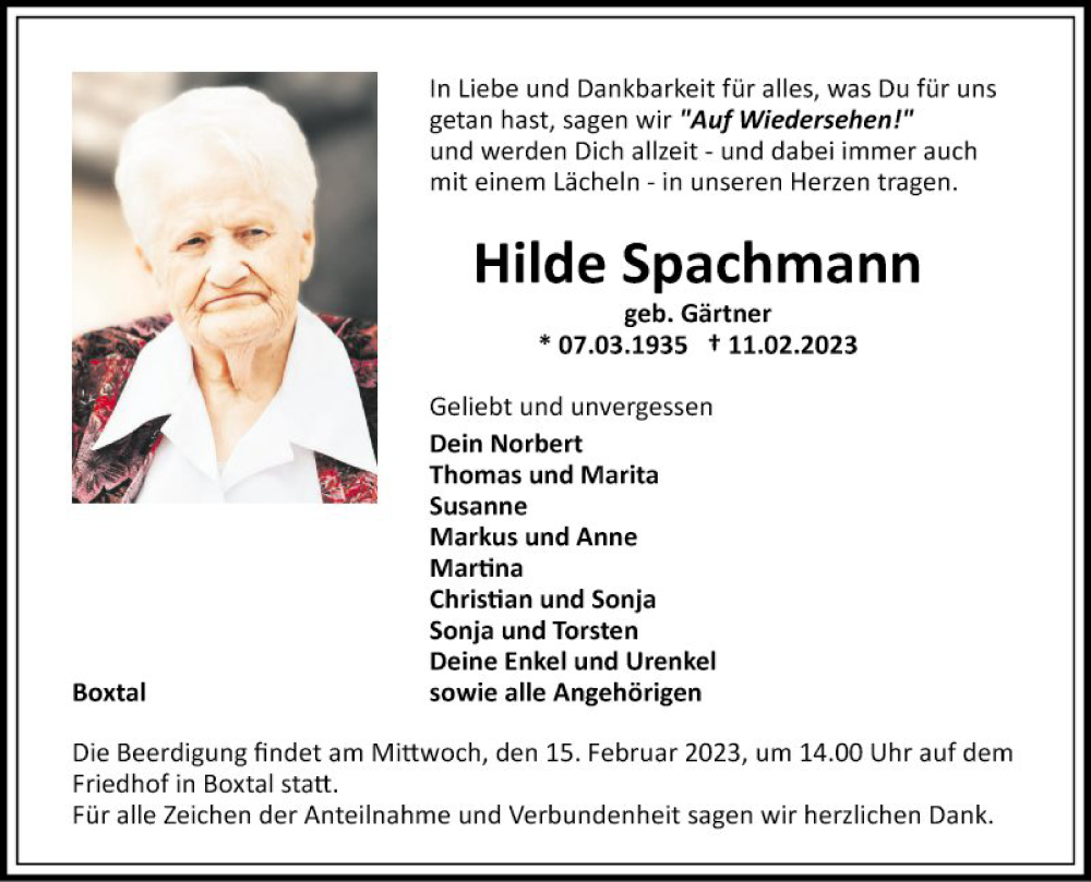  Traueranzeige für Hilde Spachmann vom 14.02.2023 aus Fränkische Nachrichten
