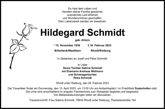 Traueranzeige von Hildegard Schmidt von Schwetzinger Zeitung
