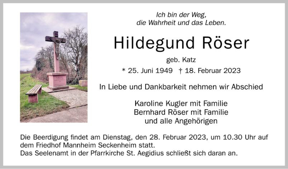  Traueranzeige für Hildegund Röser vom 27.02.2023 aus Schwetzinger Zeitung