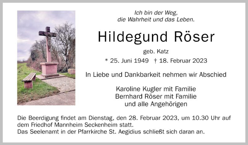 Traueranzeige für Hildegund Röser vom 25.02.2023 aus Mannheimer Morgen