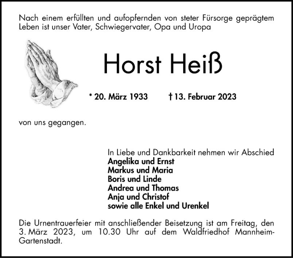  Traueranzeige für Horst Heiß vom 25.02.2023 aus Mannheimer Morgen