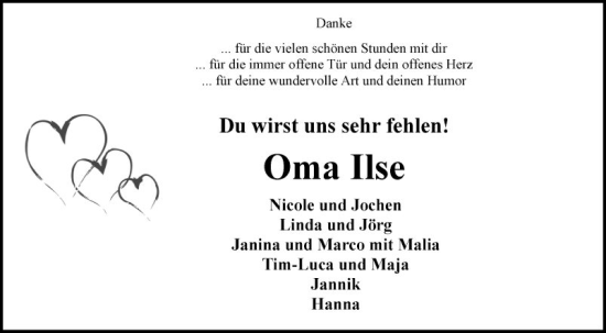 Traueranzeige von Ilse  von Fränkische Nachrichten