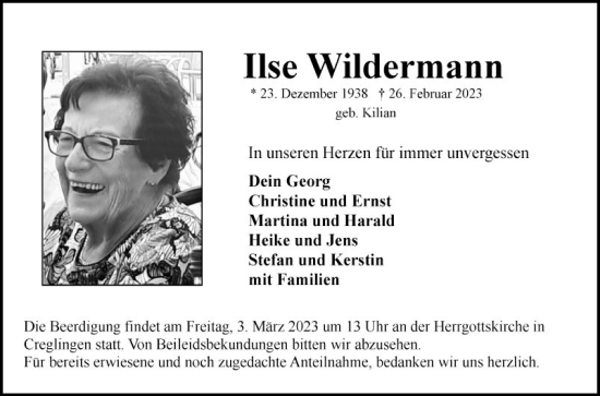 Traueranzeige von Ilse Wildermann von Fränkische Nachrichten