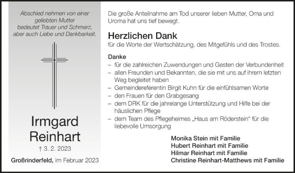  Traueranzeige für Irmgard Reinhart vom 25.02.2023 aus Fränkische Nachrichten