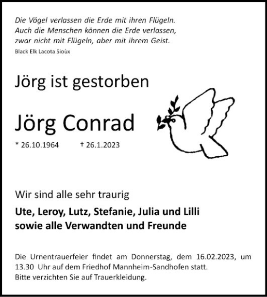 Traueranzeige von Jörg Conrad von Mannheimer Morgen