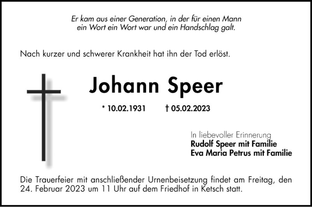  Traueranzeige für Johann Speer vom 18.02.2023 aus Schwetzinger Zeitung