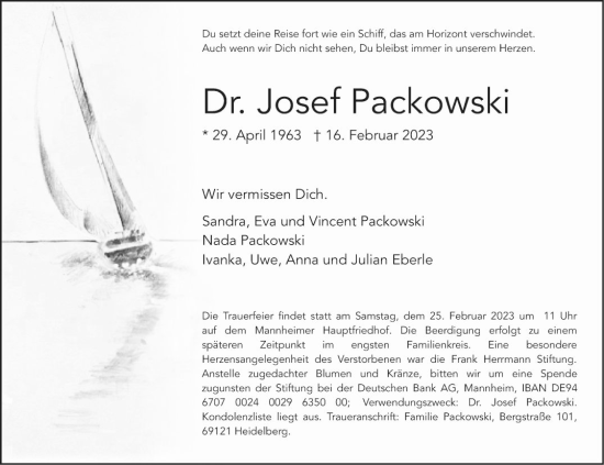 Traueranzeige von Josef Packowski von Mannheimer Morgen
