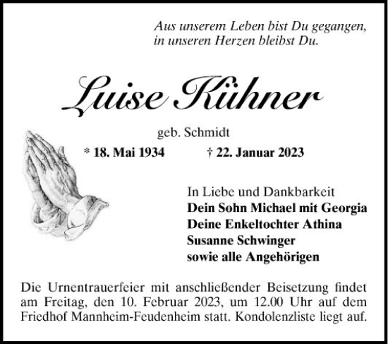 Traueranzeige von Luise Kühner von Mannheimer Morgen