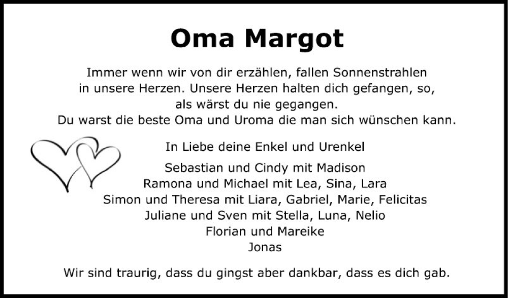  Traueranzeige für Margot  vom 17.02.2023 aus Fränkische Nachrichten