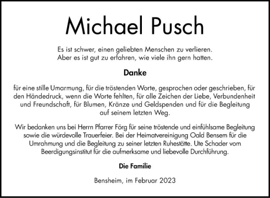 Traueranzeige von Michael Pusch von Bergsträßer Anzeiger