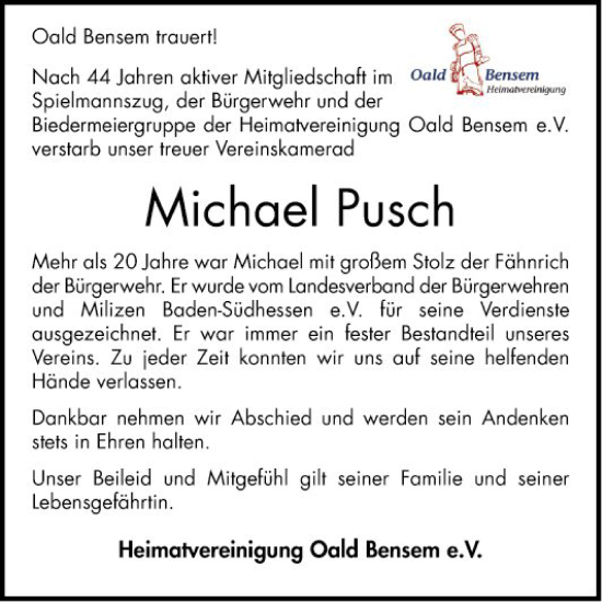 Traueranzeige von Michael Pusch von Bergsträßer Anzeiger