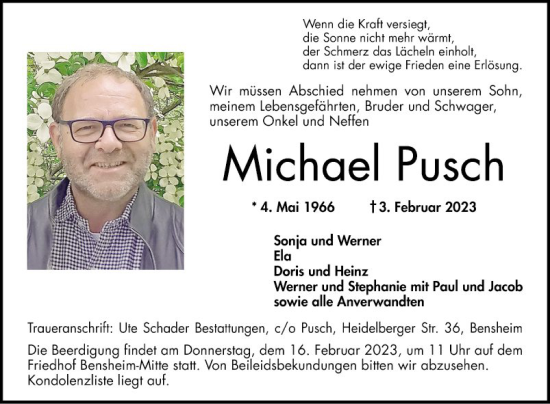 Traueranzeige von Michael Pusch von Bergsträßer Anzeiger