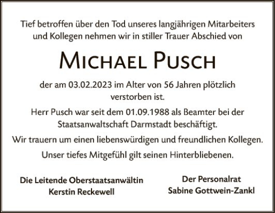 Traueranzeige von Michael Pusch von Bergsträßer Anzeiger