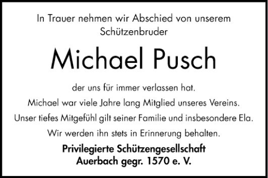 Traueranzeige von Michael Pusch von Bergsträßer Anzeiger
