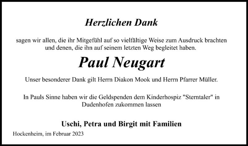  Traueranzeige für Paul Neugart vom 11.02.2023 aus Schwetzinger Zeitung