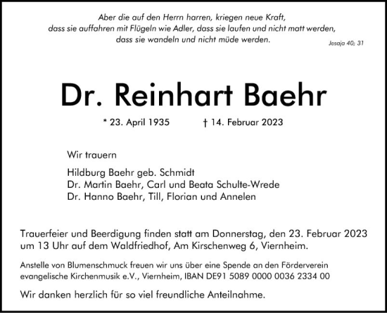 Traueranzeige von Reinhart Baehr von Mannheimer Morgen
