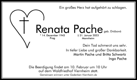 Traueranzeige von Renata  Pache von Mannheimer Morgen