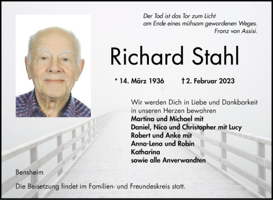 Traueranzeige von Richard Stahl von Bergsträßer Anzeiger