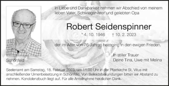 Traueranzeige von Robert Seidenspinner von Fränkische Nachrichten